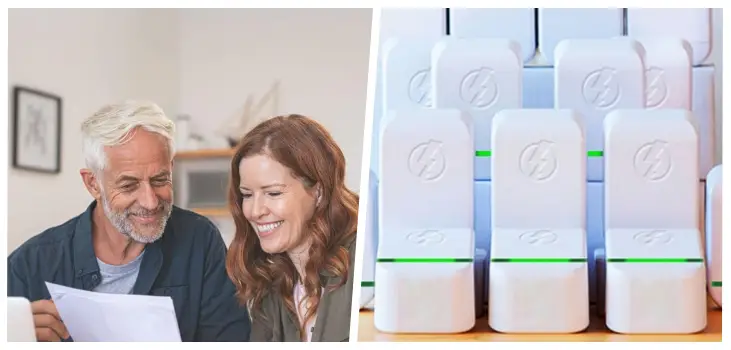 collage of a couple happy with their energy bill and mulltiple Esaver Watts